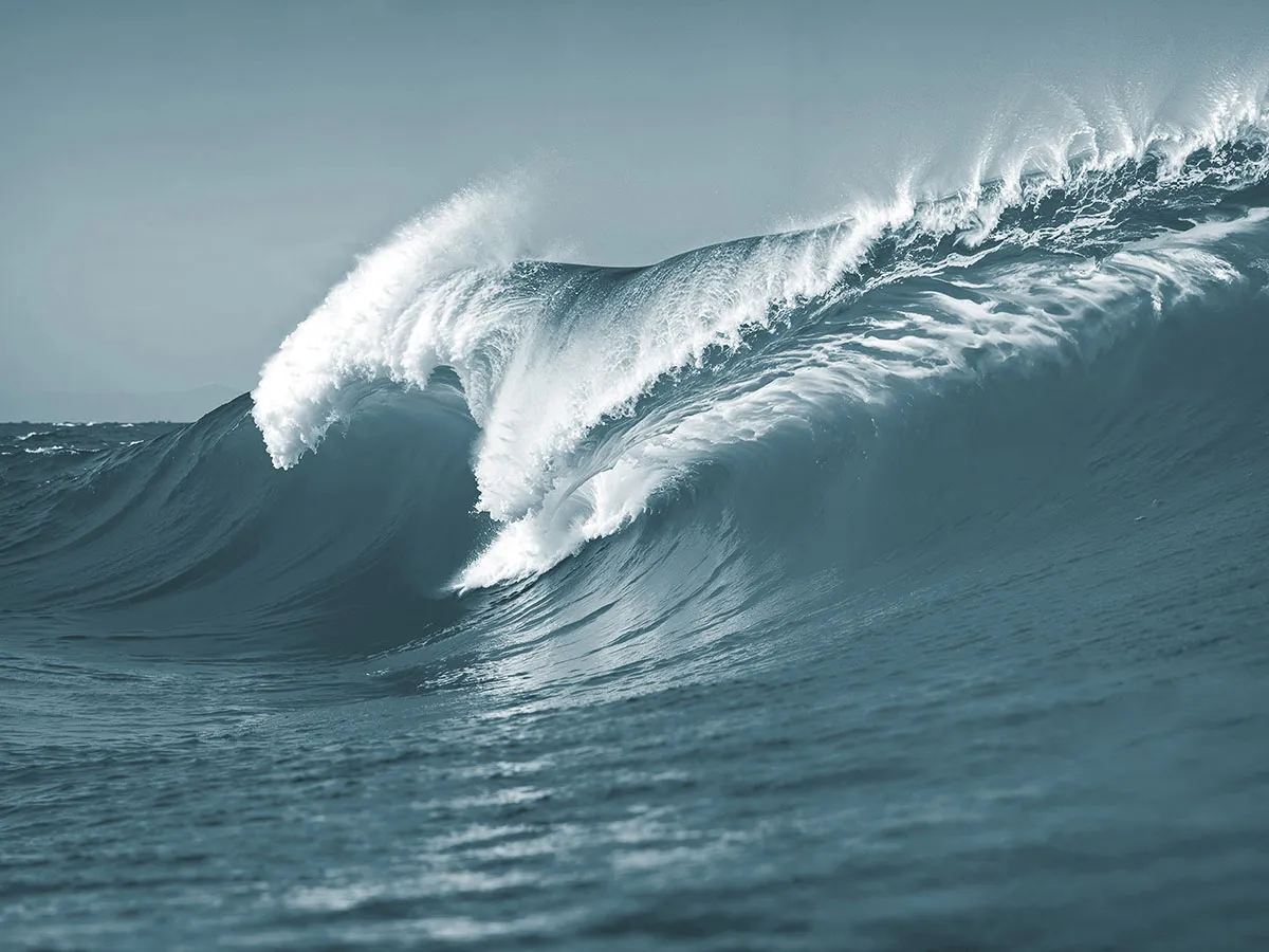 Powerful ocean wave cresting with white foam, captured in a dynamic moment against a clear sky.